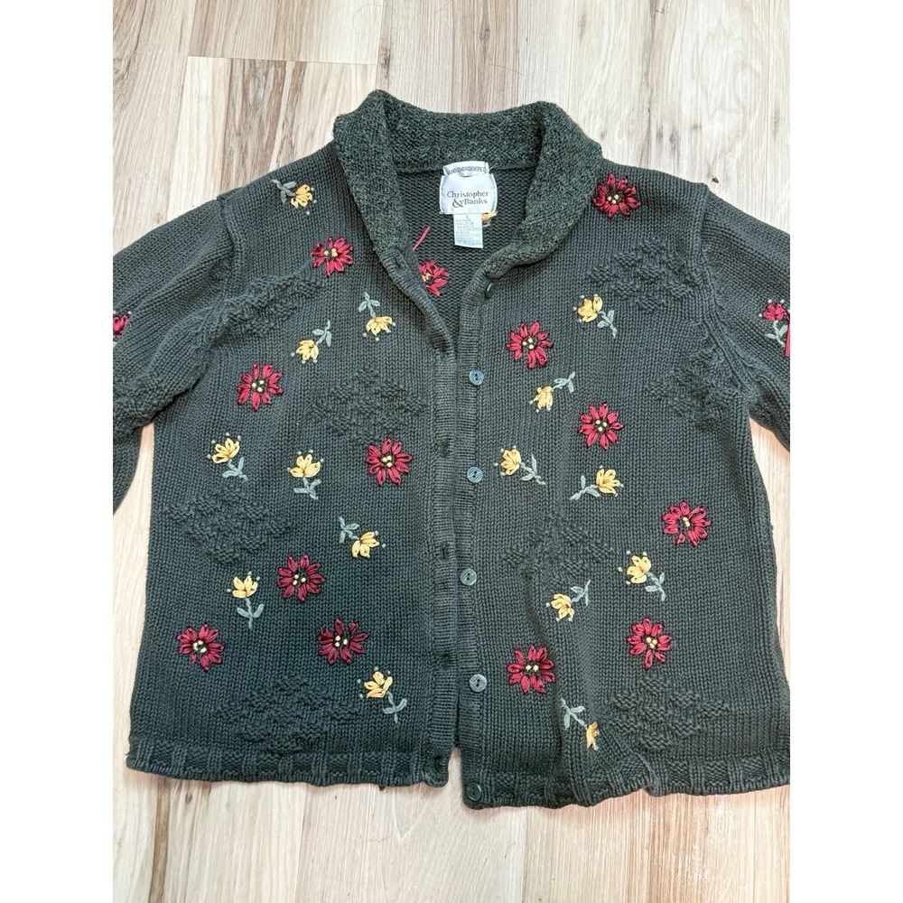Christopher & Banks Women's Large Green Floral Hand Embroidered Cardigan